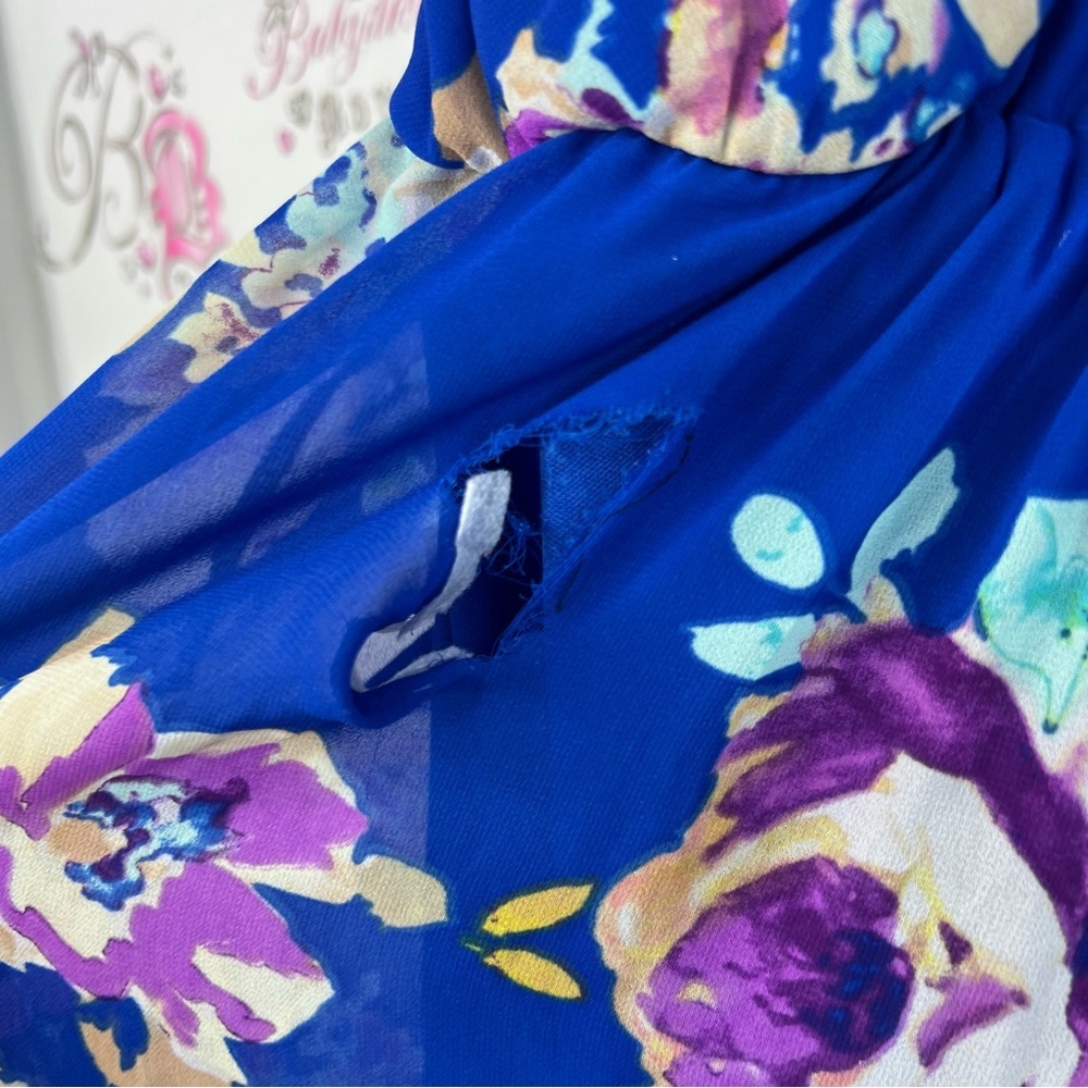 Everly dress Vneck floral flowers ruffle purple green Royal Blue Dress - Picture 13 of 14